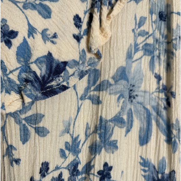 AE Tan and Blue Floral Wide-Leg Jumpsuit with Corset Back, Tie Waist and Ruffles - Picture 3 of 4